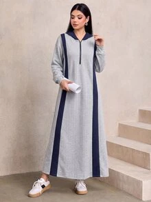 Graceveil Contrast Panel Hooded Dress Formal Home Wear Grey Winter Modest Casual - Grey - View 6