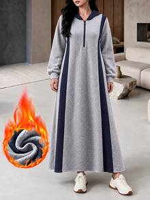 Graceveil Contrast Panel Hooded Dress Formal Home Wear Grey Winter Modest Casual - Grey - View 2