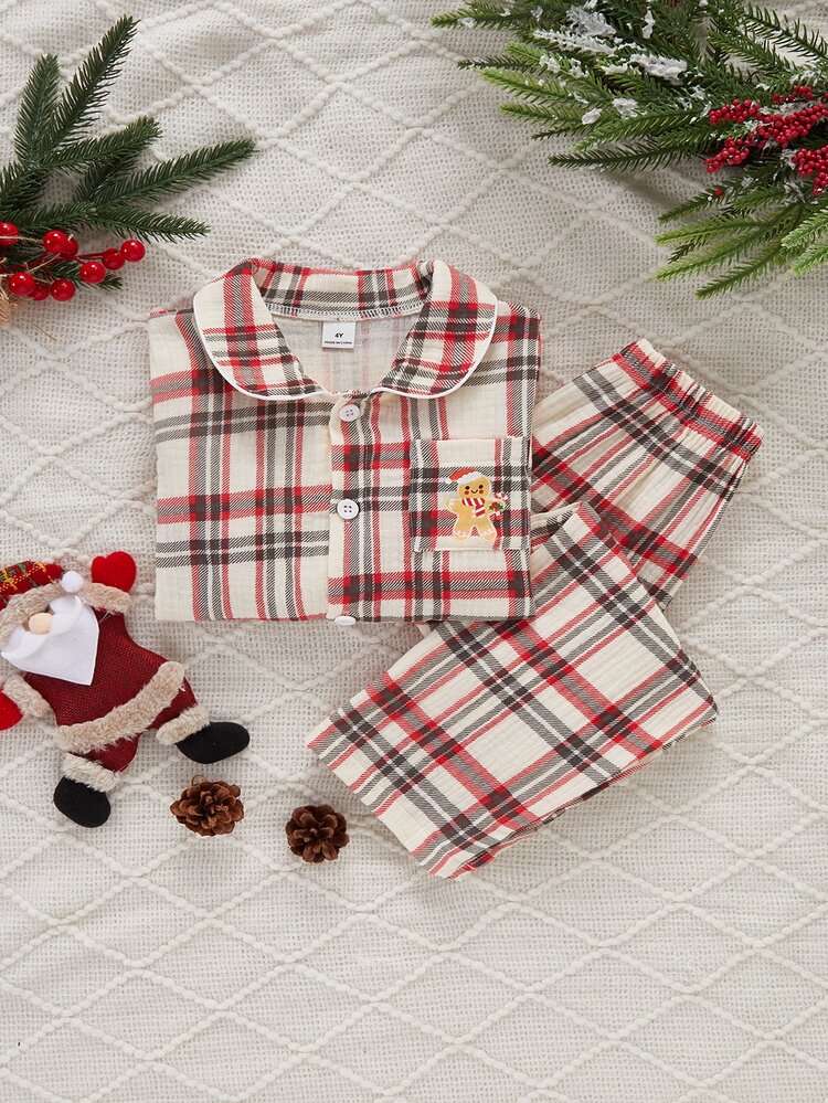 SHEIN Vintaside Kids Christmas Autumn/Winter Baby Boy Outfit, Fashionable Retro Red & Black Plaid Cute Gingerbread Man Pocket Heat Transfer Print, Soft Comfortable Double Layer Crinkle Fabric Peter Pan Collar Long Sleeve Pants Loungewear - Apricot - View 8