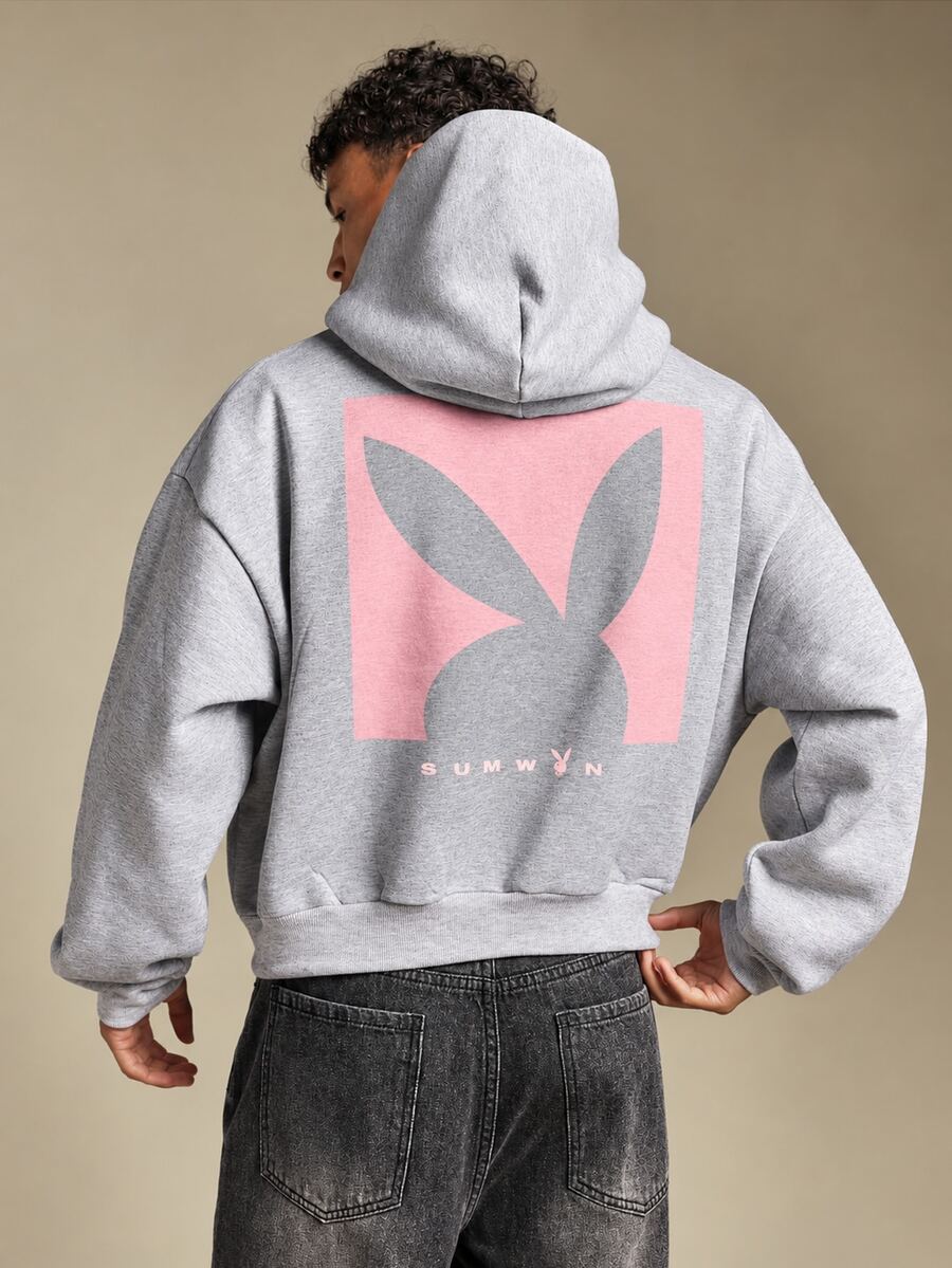 PLAYBOY X SUMWON Oversized Pullover Hoodie With Large Bunny Back Graphic And Centre Chest Logo Embroidery - Grey - View 1