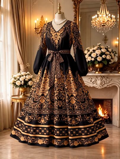 Rometta Plus Size Women's V-Neck Symmetrical European Vintage Baroque Placement Print Loose Lantern Long Sleeve Tie Bow Elegant Dress Fall