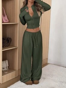 SHEIN EZwear 女款修身夾克休閒套裝 - 軍綠色 - 查看 3