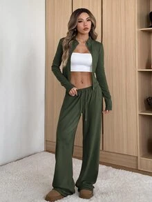 SHEIN EZwear 女款修身夾克休閒套裝 - 軍綠色 - 查看 4