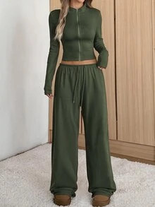 SHEIN EZwear 女款修身夾克休閒套裝 - 軍綠色 - 查看 5