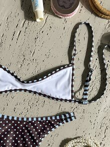 SHEIN Swim 女款細肩帶棕色波點花卉印花性感熱帶70年代海灘派對度假泳裝套裝 夏季 - 棕色 - 查看 7