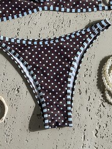 SHEIN Swim 女款細肩帶棕色波點花卉印花性感熱帶70年代海灘派對度假泳裝套裝 夏季 - 棕色 - 查看 6