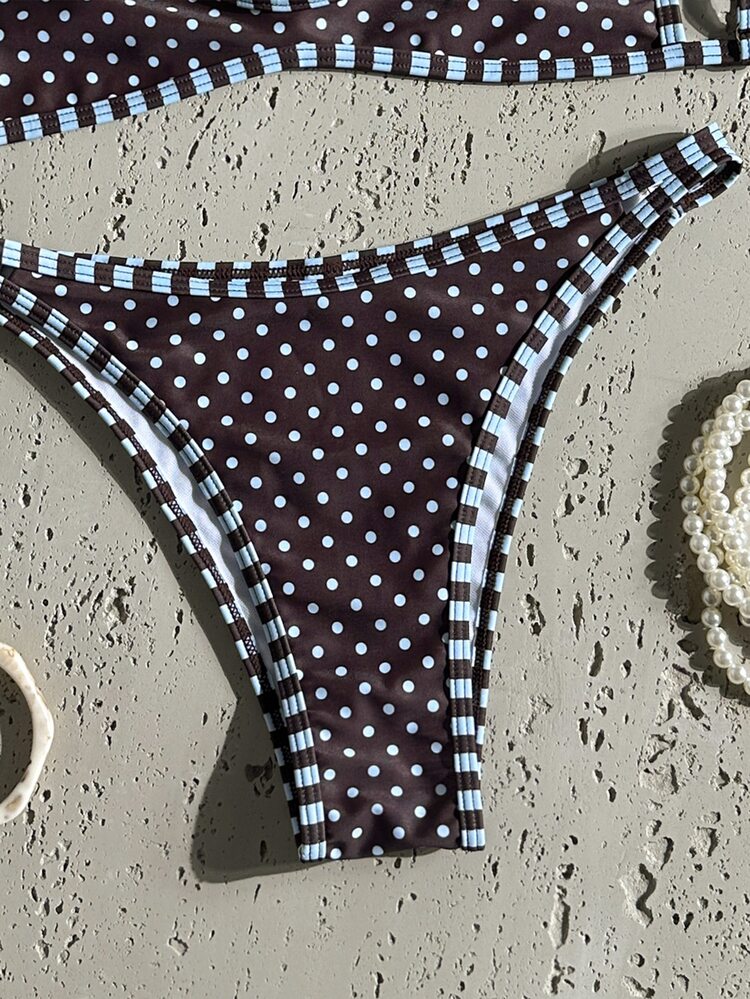 SHEIN Swim Women's Spaghetti Strap Brown Polka Dot Floral Print Sexy Tropical 70s Beach Party Vacation Swimwear Set Summer - Brown - View 5