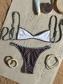 SHEIN Swim 女款細肩帶棕色波點花卉印花性感熱帶70年代海灘派對度假泳裝套裝 夏季 - 棕色 - 查看 3