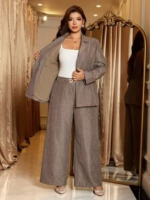Reflora Setelan Blazer & Celana Panjang Ukuran Plus untuk Komuter - Khaki - View 13