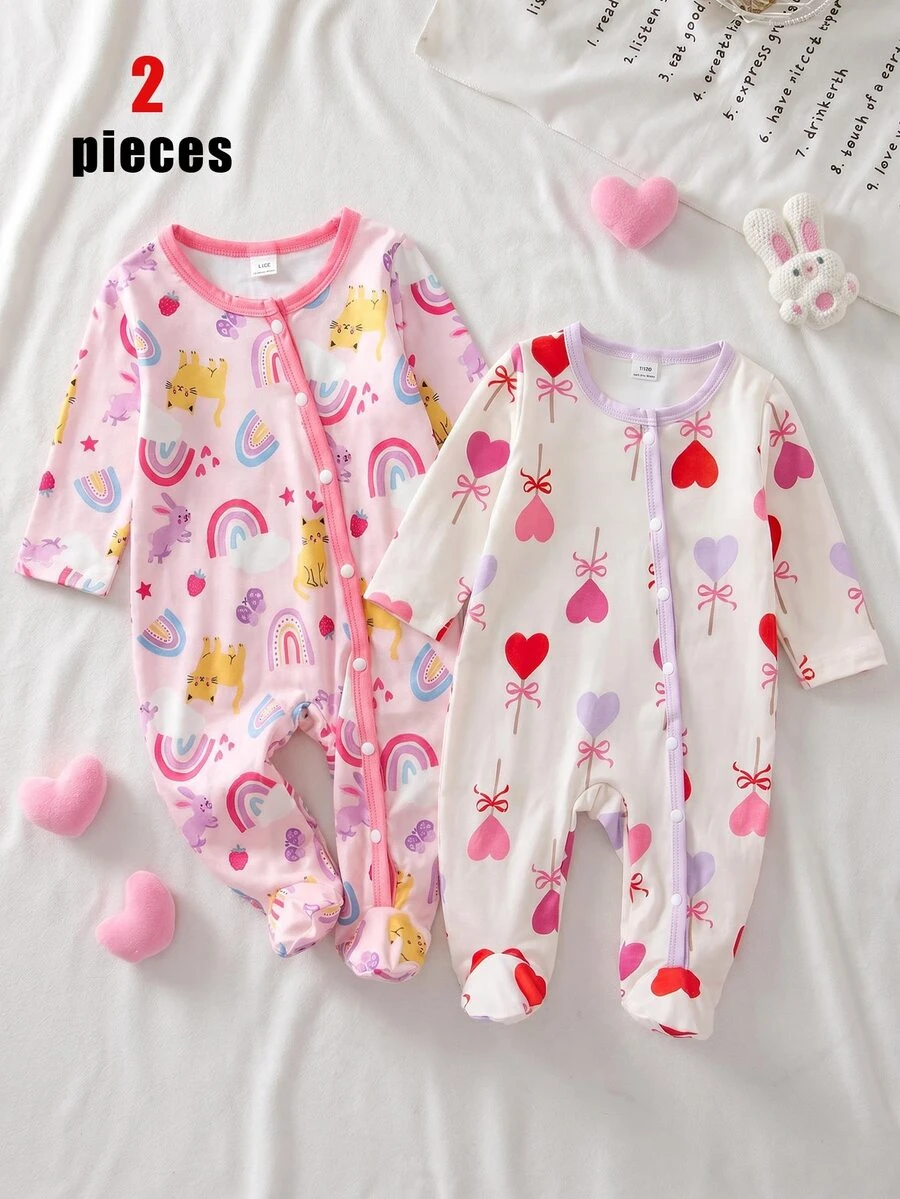 (Random 6pcs Send Newborn Long Sleeve Footed Fall Autumn/Winter Jumpsuit Knit Soft Home Wear, Cute Childish Donut Bow Unicorn Calf Full Print Set - Multicolor - View 1