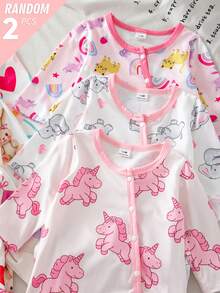 (Random 6pcs Send Newborn Long Sleeve Footed Fall Autumn/Winter Jumpsuit Knit Soft Home Wear, Cute Childish Donut Bow Unicorn Calf Full Print Set - Multicolor - View 3
