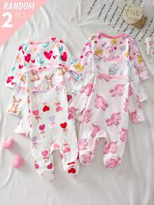 (Random 6pcs Send Newborn Long Sleeve Footed Fall Autumn/Winter Jumpsuit Knit Soft Home Wear, Cute Childish Donut Bow Unicorn Calf Full Print Set - Multicolor - View 2