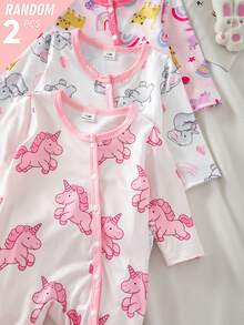 (Random 6pcs Send Newborn Long Sleeve Footed Fall Autumn/Winter Jumpsuit Knit Soft Home Wear, Cute Childish Donut Bow Unicorn Calf Full Print Set - Multicolor - View 5