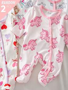(Random 6pcs Send Newborn Long Sleeve Footed Fall Autumn/Winter Jumpsuit Knit Soft Home Wear, Cute Childish Donut Bow Unicorn Calf Full Print Set - Multicolor - View 7
