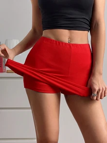 SHEIN EZwear عبوة من 2 قطعة تنورة-شورت نسائية بلون موحد كاجوال متعددة الاستخدامات - متعدد الألوان - مشاهدة 3