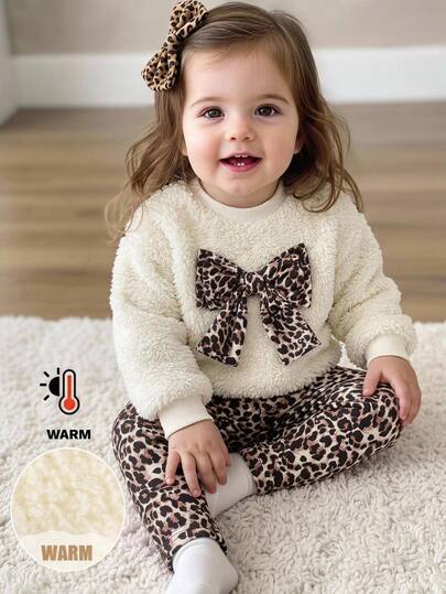 Cozy Pixies Bộ 2 món áo nỉ tay dài chui đầu cổ tròn thoải mái thường ngày cho bé gái, họa tiết da báo, kèm quần dài dệt kim, mặc mùa thu đông