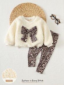Cozy Pixies 2件組女嬰兒童休閒日常舒適圓領抓絨長袖套頭上衣 秋冬豹紋長褲針織運動衫套裝 - 米色 - 查看 6