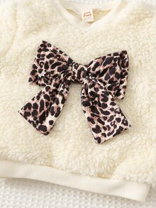 Cozy Pixies 2件組女嬰兒童休閒日常舒適圓領抓絨長袖套頭上衣 秋冬豹紋長褲針織運動衫套裝 - 米色 - 查看 3