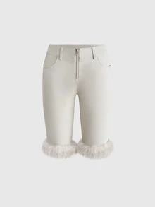 ROMWE Autumn/Winter Y2K Hot Girl Grey Diagonal Twill Woven Patchwork Faux Fur Trim 5-Point Women's Long Pants - Grey - View 10