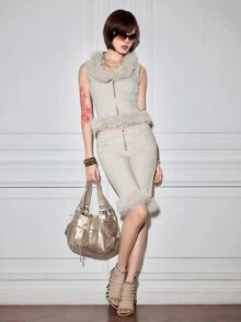 ROMWE Autumn/Winter Y2K Hot Girl Grey Diagonal Twill Woven Patchwork Faux Fur Trim 5-Point Women's Long Pants - Grey - View 2
