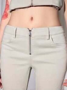 ROMWE Autumn/Winter Y2K Hot Girl Grey Diagonal Twill Woven Patchwork Faux Fur Trim 5-Point Women's Long Pants - Grey - View 6