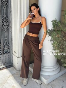 Fluxe Women Dark Brown Woven Wide Leg Pants Ribbed Waistband Button Cuff High Waist Loose Fit Gym Workout Training Running Athletic Sportswear - Coffee Brown - View 4