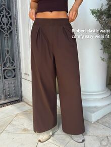 Fluxe Women Dark Brown Woven Wide Leg Pants Ribbed Waistband Button Cuff High Waist Loose Fit Gym Workout Training Running Athletic Sportswear - Coffee Brown - View 1