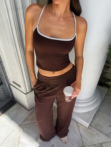 Fluxe Women Dark Brown Woven Wide Leg Pants Ribbed Waistband Button Cuff High Waist Loose Fit Gym Workout Training Running Athletic Sportswear - Coffee Brown - View 3