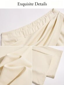 SOLERSUN Celana Panjang Wanita Musim Panas Polos Pinggang Tinggi dengan Detail Lipatan dan Potongan Lebar Warna Beige Elegan untuk Kantor dan Aktivitas Sehari-hari Kasual - Aprikot - View 9