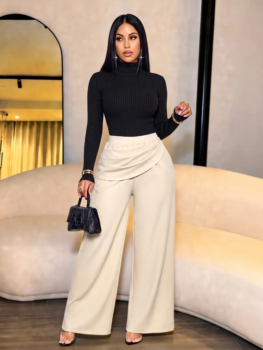 SOLERSUN Celana Panjang Wanita Musim Panas Polos Pinggang Tinggi dengan Detail Lipatan dan Potongan Lebar Warna Beige Elegan untuk Kantor dan Aktivitas Sehari-hari Kasual