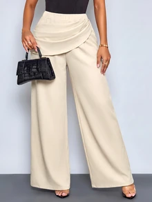 SOLERSUN Celana Panjang Wanita Musim Panas Polos Pinggang Tinggi dengan Detail Lipatan dan Potongan Lebar Warna Beige Elegan untuk Kantor dan Aktivitas Sehari-hari Kasual - Aprikot - View 4