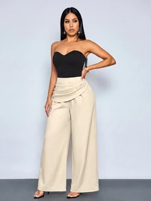 SOLERSUN Celana Panjang Wanita Musim Panas Polos Pinggang Tinggi dengan Detail Lipatan dan Potongan Lebar Warna Beige Elegan untuk Kantor dan Aktivitas Sehari-hari Kasual - Aprikot - View 5