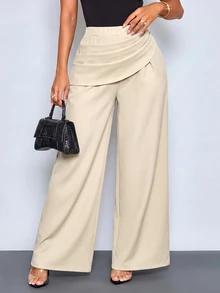 SOLERSUN Celana Panjang Wanita Musim Panas Polos Pinggang Tinggi dengan Detail Lipatan dan Potongan Lebar Warna Beige Elegan untuk Kantor dan Aktivitas Sehari-hari Kasual - Aprikot - View 7