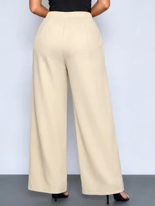 SOLERSUN Celana Panjang Wanita Musim Panas Polos Pinggang Tinggi dengan Detail Lipatan dan Potongan Lebar Warna Beige Elegan untuk Kantor dan Aktivitas Sehari-hari Kasual - Aprikot - View 3