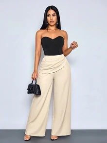 SOLERSUN Celana Panjang Wanita Musim Panas Polos Pinggang Tinggi dengan Detail Lipatan dan Potongan Lebar Warna Beige Elegan untuk Kantor dan Aktivitas Sehari-hari Kasual - Aprikot - View 8