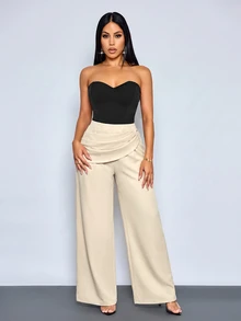 SOLERSUN Celana Panjang Wanita Musim Panas Polos Pinggang Tinggi dengan Detail Lipatan dan Potongan Lebar Warna Beige Elegan untuk Kantor dan Aktivitas Sehari-hari Kasual - Aprikot - View 6