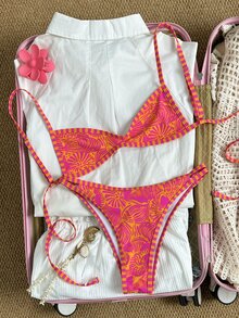 SHEIN Swim 女款細肩帶粉橘花卉印花性感熱帶海灘度假泳衣套裝 夏季 - 彩色 - 查看 3