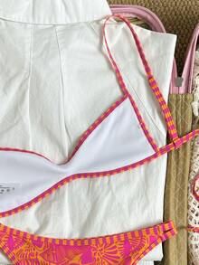 SHEIN Swim 女款細肩帶粉橘花卉印花性感熱帶海灘度假泳衣套裝 夏季 - 彩色 - 查看 5