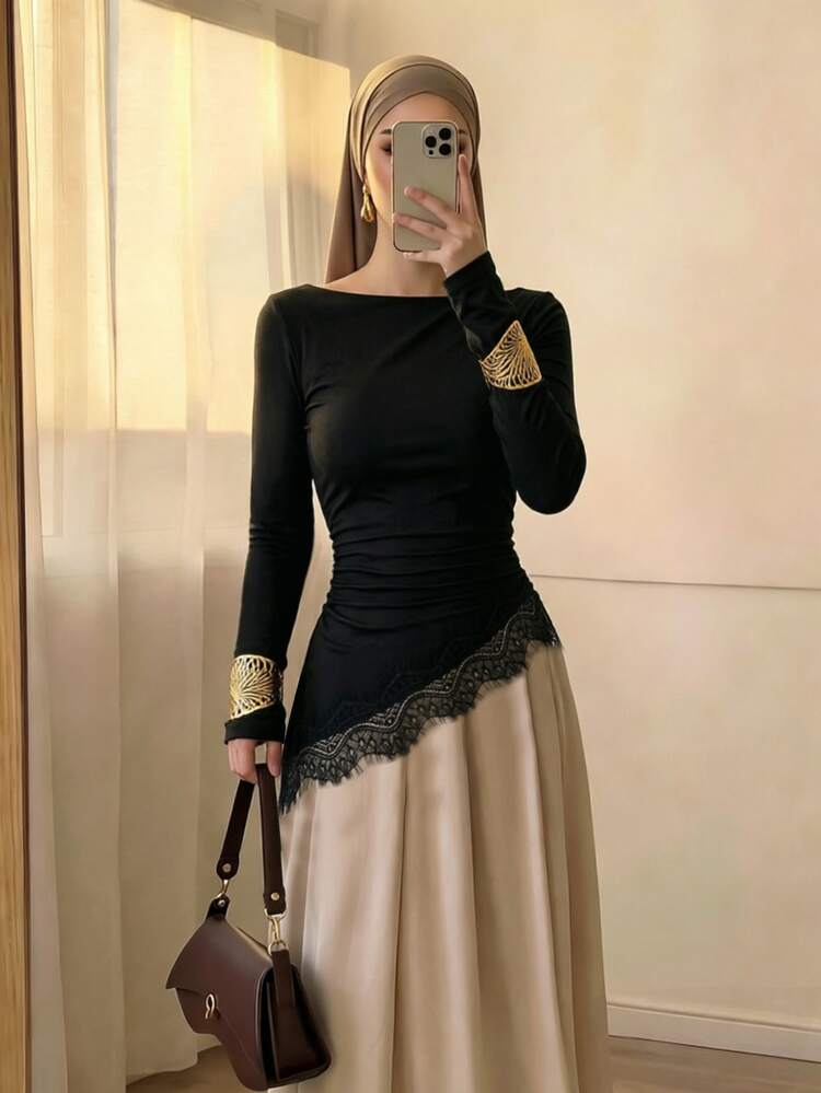 Celisse Women Solid Color Pleated Asymmetrical Hem Contrast Lace T-ShirtAutumn/Winter - Black - View 1