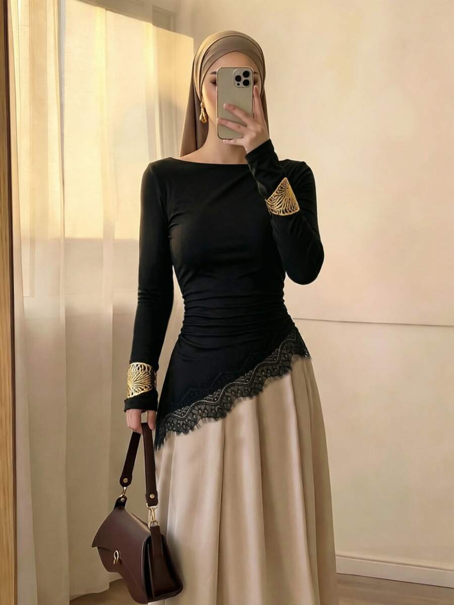 Celisse 女款素色百褶不對稱下擺對比蕾絲T恤 秋冬款 - 黑色 - 查看 1