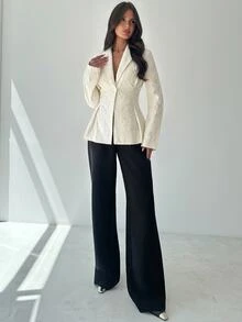 Firerie 女款休閒亞麻收腰長袖翻領薄款西裝外套，杏色，秋冬款 - 杏色 - 查看 9