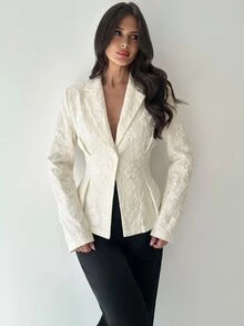 Firerie 女款休閒亞麻收腰長袖翻領薄款西裝外套，杏色，秋冬款 - 杏色 - 查看 8