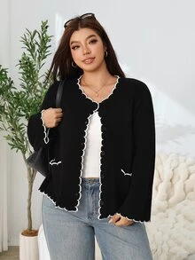 Solflare Plus Size Women Autumn Winter Black Long Sleeve Cardigan Sweater - Black - View 5