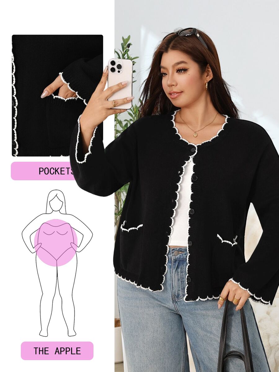 Solflare Plus Size Women Autumn Winter Black Long Sleeve Cardigan Sweater - Black - View 1