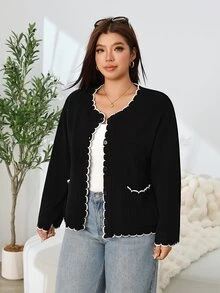 Solflare Plus Size Women Autumn Winter Black Long Sleeve Cardigan Sweater - Black - View 3