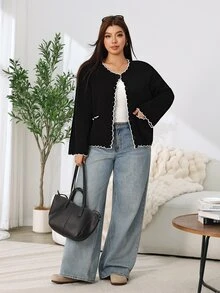 Solflare Plus Size Women Autumn Winter Black Long Sleeve Cardigan Sweater - Black - View 4