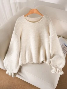 CosyJoli Sweater Pullover Rajut Tebal Warna Polos Longgar dengan Manset Berkerut, Atasan Rajut Pendek Longgar - Aprikot - View 7