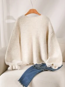 CosyJoli Sweater Pullover Rajut Tebal Warna Polos Longgar dengan Manset Berkerut, Atasan Rajut Pendek Longgar - Aprikot - View 2