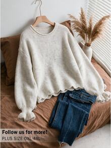 CosyJoli Sweater Pullover Rajut Tebal Warna Polos Longgar dengan Manset Berkerut, Atasan Rajut Pendek Longgar - Aprikot - View 3