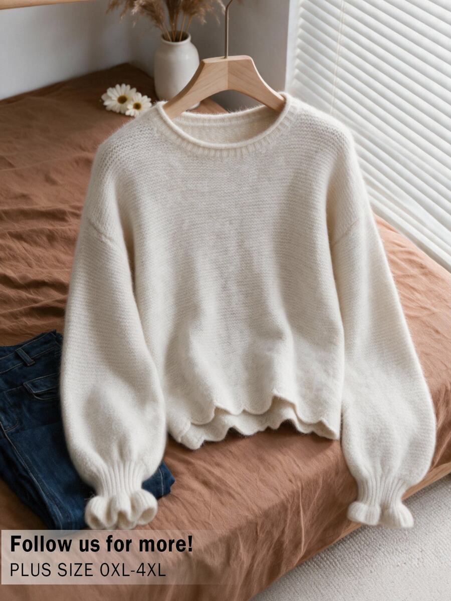 CosyJoli Sweater Pullover Rajut Tebal Warna Polos Longgar dengan Manset Berkerut, Atasan Rajut Pendek Longgar - Aprikot - View 1